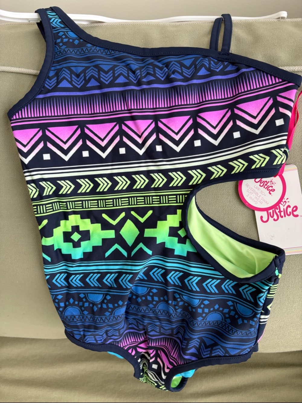Justice Neon Tribal One-Piece Swimsuit - Blue, Pink, Green